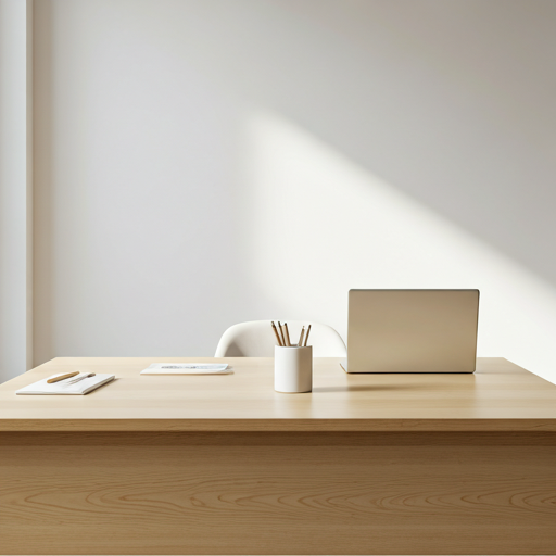 Bright minimalist office with wood desk, laptop, and natural light.