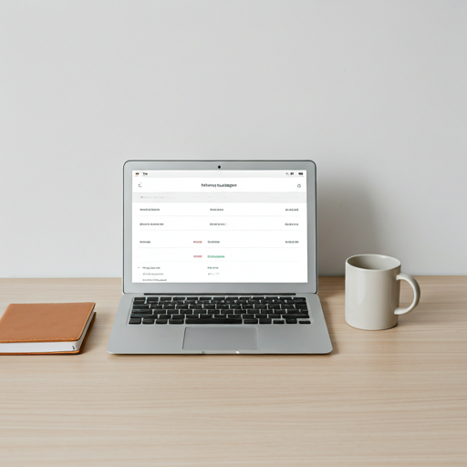 Clean workspace with laptop, notebook, and mug on a light wood desk — calm, organized professional setting.