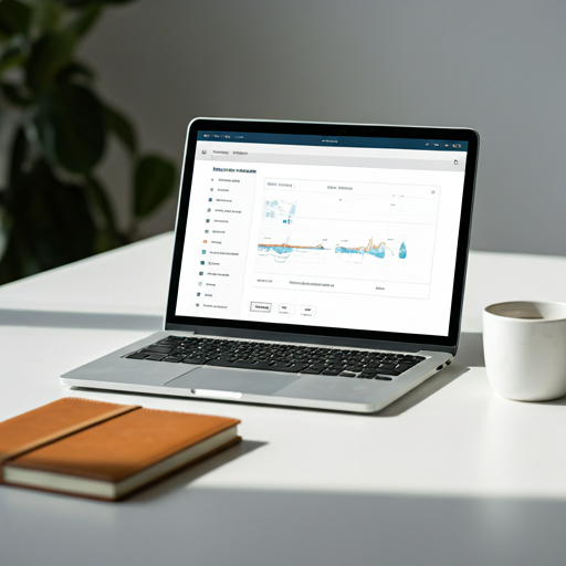 Modern desk with laptop showing financial dashboards, leather notebook, and coffee mug in soft daylight.